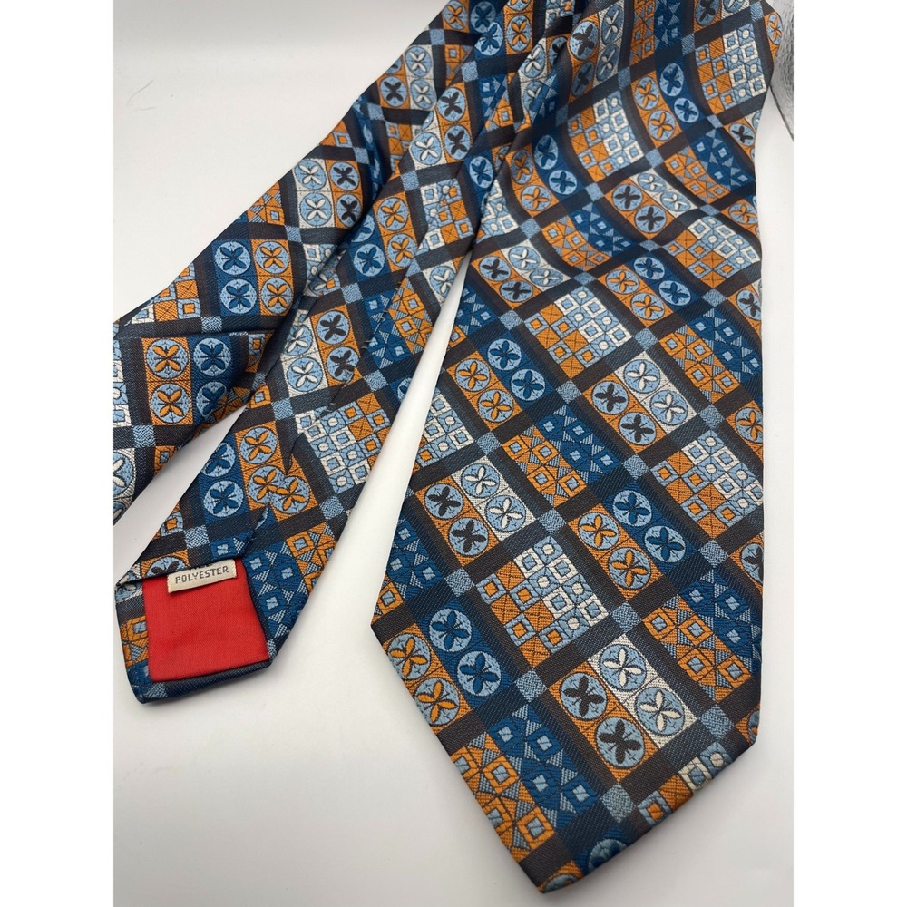 Vintage Beau Brummell Gentry Blue Orange Geometric Mosaic Wide Polyester Tie